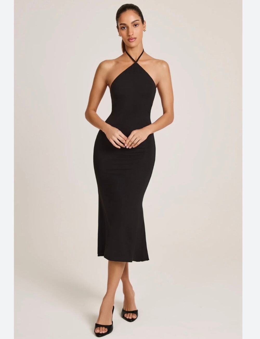 Oh Polly Karissa Modal Halterneck Midaxi Midi Dress Black Size S Open Back CLM